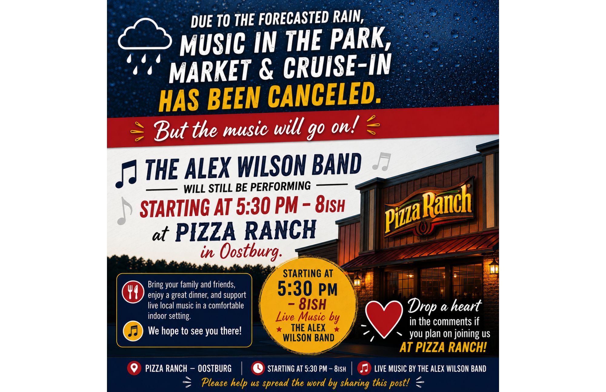 Rain Can’t Stop the Music! Join the Alex Wilson Band at Pizza Ranch Tonight